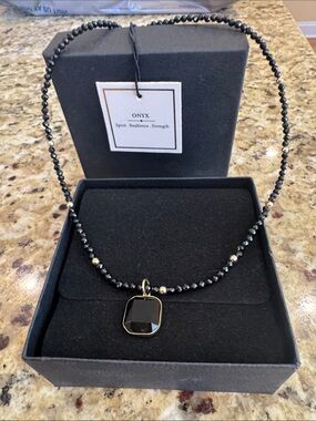 Onyx Black Faceted Pendant Necklace with Nrass Accents - Onyx NWT